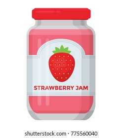 
Delicious strawberry jam glass jar flat icon
