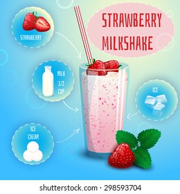 Delicious strawberry milkshake smoothie recipe graphic presentation with infographic elements decorative poster print abstract vector illustration