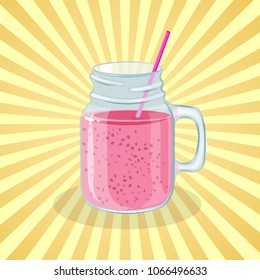 Delicious strawberry smoothies - cute cartoon colored picture of sweet drink. Graphic design elements for menu, advertising, poster, brochure or background. Vector illustration of fast food