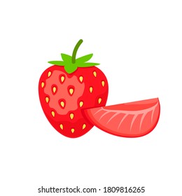 Delicious strawberry whole and sliced. Vector flat illustration isolated on white background