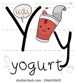 Delicioso yogur de fresa en taza abierta listo para su lección de gramática, enseñándote la letra 'Y' y su pronunciación en alfabeto inglés.