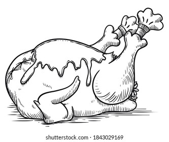Delicious stuffed turkey covered with sauce and decorated with leg booties for Thanksgiving in hand drawn style.