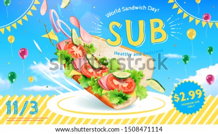 Delicious submarine ads with fresh vegetables and flying balloons on blue sky background in 3d illustration