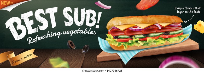 Delicious submarine banner ads with flying vegetables on blackboard background in 3d illustration