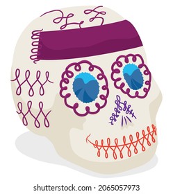 Delicious sugar skull -or 'calavera'- with traditional decorations to celebrate Mexican Day of the Dead.