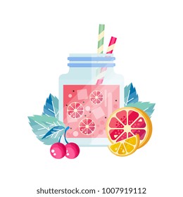 Delicious summer cocktail with cherry, lemon and grapefruit. Glass jar with ice cubes and drinking straws. Organic juice. Healthy beverage. Colorful flat vector design