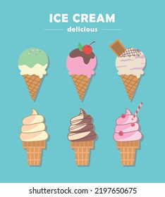 Delicious summer desserts, cute ice cream series illustrations with chocolates, vanilla and more