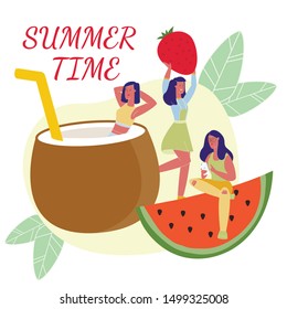 Delicious Summer Food Social Media Banner Template. Smiling Girlfriends Cartoon Characters. Summertime Poster Concept. Coconut Cocktail, Watermelon and Strawberry Vector Illustration with Typography