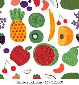 Delicious summer food. sweet fruits with seamless patterns. Isolated background, vector.