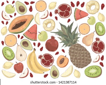 Delicious summer food, watermelon, pineapple, banana, apple, pear, mango, orange, garnet, organic nutrition set