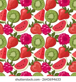 Delicious summer fruit seamless pattern! Includes vibrant raspberries, strawberries, kiwi fruit slices, and watermelon pieces. Bold, fresh, and summery design for prints, web, or crafts. 