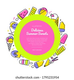 Delicious summer sweets - line design style banner in a heart shape with copy space for your information. Colorful images of ice cream types, sundae, scoops, popsicle, stick, soft serve, chocolate bar