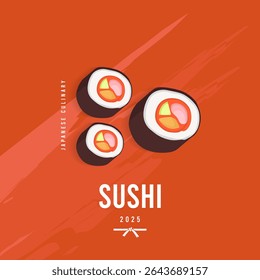 Delicious sushi illustration with chopsticks on an red background. Perfect for Japanese food promotion, restaurant branding, Asian cuisine, culinary poster, or sushi bar advertisement