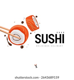 Deliciosa ilustração de sushi com pauzinhos sobre um fundo branco. Perfeito para a promoção de comida japonesa, marca de restaurante, cozinha asiática, cartaz culinário, ou anúncio de sushi bar