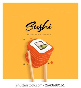 Delicious sushi illustration with chopsticks on an orange background. Perfect for Japanese food promotion, restaurant branding, Asian cuisine, culinary poster, or sushi bar advertisement