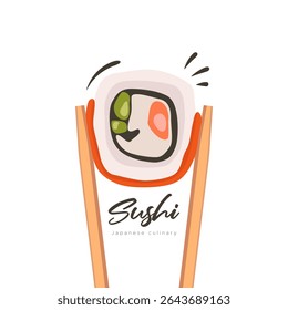 Deliciosa ilustração de sushi com pauzinhos sobre um fundo branco. Perfeito para a promoção de comida japonesa, marca de restaurante, cozinha asiática, cartaz culinário, ou anúncio de sushi bar