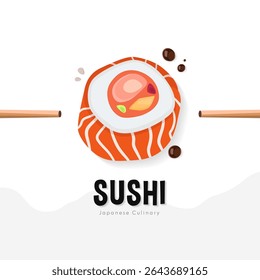 Delicious sushi illustration with chopsticks on an white background. Perfect for Japanese food promotion, restaurant branding, Asian cuisine, culinary poster, or sushi bar advertisement