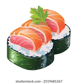 Delicious Sushi Nigiri Vector Illustration with Salmon and Tuna
