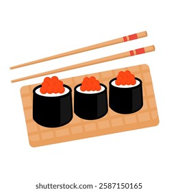 Delicious Sushi Roll with Fish Roe on Wooden Tray and Chopsticks, Perfect for Asian Cuisine, Seafood Restaurant, Menu Design, and Food Packaging