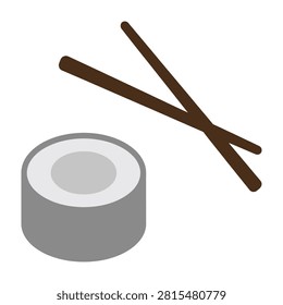 Delicious sushi roll served with traditional brown wooden chopsticks on white