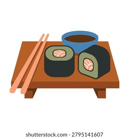 Delicious sushi rolls served on wooden tray with chopsticks and soy sauce bowl