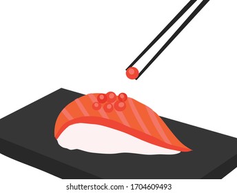 Delicious sushi salmon roll on black plate isolated vector illustration. Sushi Japanese food concept background