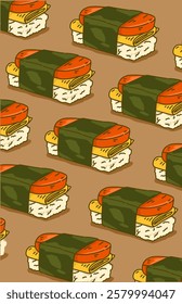 delicious sushi and seaweed, vector illustration, flat style, icon set background pattern. Textile fabric color 