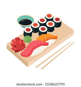 Delicious Sushi Set with red fish, soy sauce, wasabi and ginger. Chopsticks near the set. Vector illustration isolated on white.