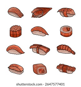 Deliciosa ilustração vetor sushi com vários rolos japoneses tradicionais, estilo moderno. Perfeito para menus de restaurante, embalagem de alimentos, conteúdo culinário e marca de cozinha japonesa.