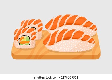 Delicious sushi with wooden plate japanese traditional food vector illustration. Cuisine, seafood, salmon, healthy, fresh fish used for brand, symbols, sign. Editable and printable.