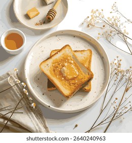 Delicious sweet breakfast pastries: pancakes with jam and butter, pumpkin pie, and tea