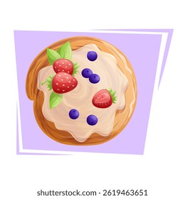 Delicious sweet bun with cream and berries on a purple background. The concept of confectionery, baking, cooking. Isolated vector illustrations for menu design, posters, banners, covers