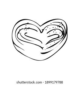 Delicious sweet bun in the shape of a heart sprinkled with sugar. Simple cartoon line art. Isolated vector illustration.
