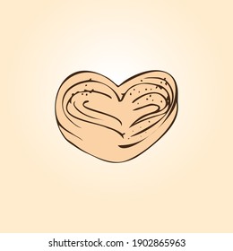 Delicious sweet bun in the shape of a heart sprinkled with sugar. Hand drawn Vector illustration. Design of wrapping paper, gift cards, decor.