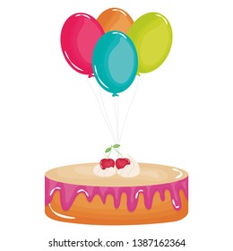delicious sweet cake with cherries and balloons helium