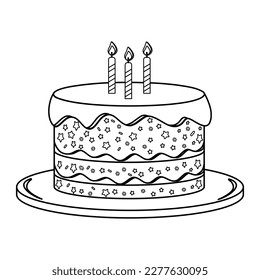 Delicious sweet cake with chocolate layers and icing. Delicious confection isolated cartoon vector illustration. Children coloring book. Sketch.