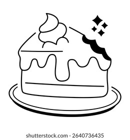 Delicious sweet cake icon in doodle style isolated on white background.