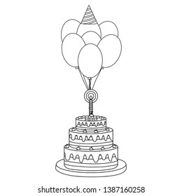 delicious sweet cake with one candle and balloons helium