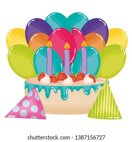 delicious sweet cake with strawberries and candles , balloons helium