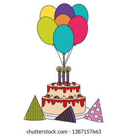 delicious sweet cake with strawberries and candles , balloons helium