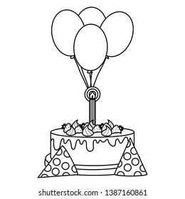 delicious sweet cake with strawberries and candles , balloons helium