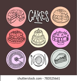 Delicious and sweet cakes for all restaurants. Cake illustration set. Cakes in colored circle shapes. Catalog for cakes. Fine and sweet food. Pastry shop card or banner advertisement. Cake letters.