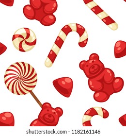 Delicious sweet candies in bright covers and lollipops in shape of cute hearts, striped cane and small teddy in seamless pattern isolated