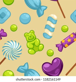 Delicious sweet candies in bright covers and lollipops in shape of cute hearts, striped cane and small teddy in seamless pattern isolated