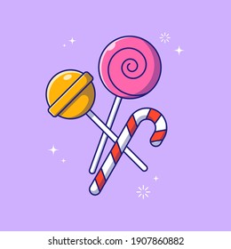 Delicious Sweet Candies in Bright Covers, Striped Cane, and Lollipops Suitable for Banner, Flyer, and Poster. Food and Drinks Icon Concept. Flat Cartoon Vector Illustration Isolated.