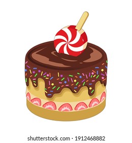 Delicious sweet chocolate cake with lollipop on top. Tasty confectionery product isolated cartoon vector illustration.