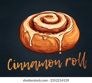 Delicioso Doce Cinnamon Roll Pastry Design. Ícone de vetor de rolos de canela recém-assado. Sobremesa clássica redemoinho dourado-marrom coberto com garoa de icing ilustração cartoon