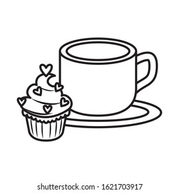delicious sweet cupcake with cup and hearts vector illustration design