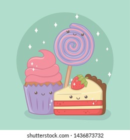 delicious and sweet cupcake and products kawaii characters