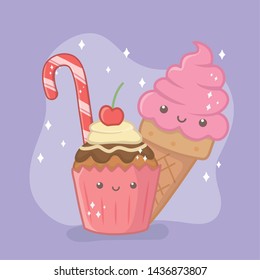delicious and sweet cupcake and products kawaii characters